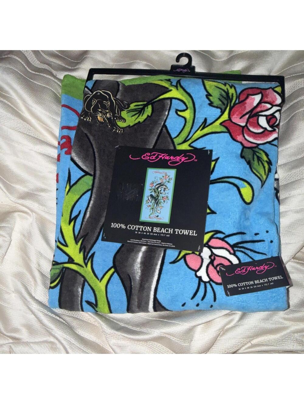 AUTHENTIC ED HARDY 100% COTTON BEACH TOWEL, 36" x 68”, NWT Blue